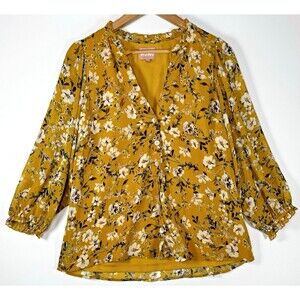 Show Me Your Mumu Womens Blouse Small Mustard Yellow Floral V‎ Neck Button Front